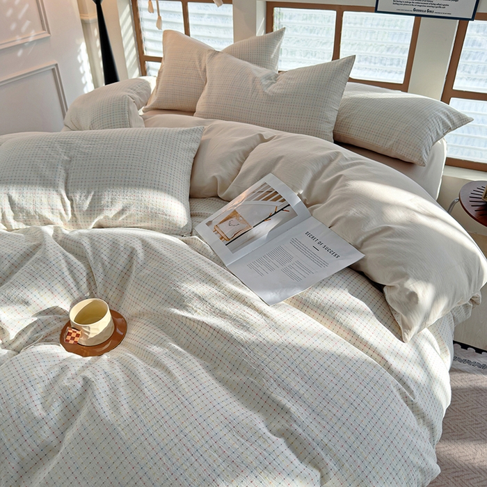 91家纺网 家纺一手货源 找家纺 全美家居 2025新款全棉纯棉色织提花水洗四件套 彩虹波点