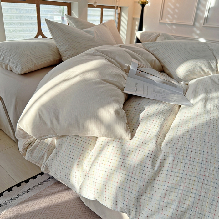 91家纺网 家纺一手货源 找家纺 全美家居 2025新款全棉纯棉色织提花水洗四件套 彩虹波点