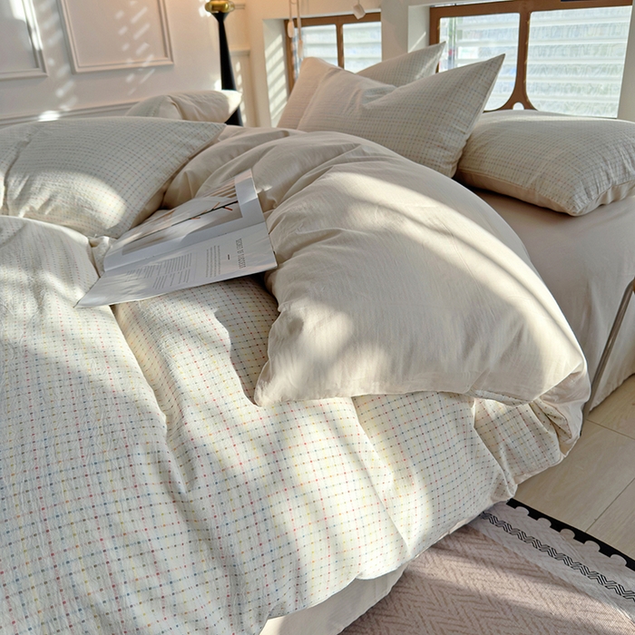 91家纺网 家纺一手货源 找家纺 全美家居 2025新款全棉纯棉色织提花水洗四件套 彩虹波点