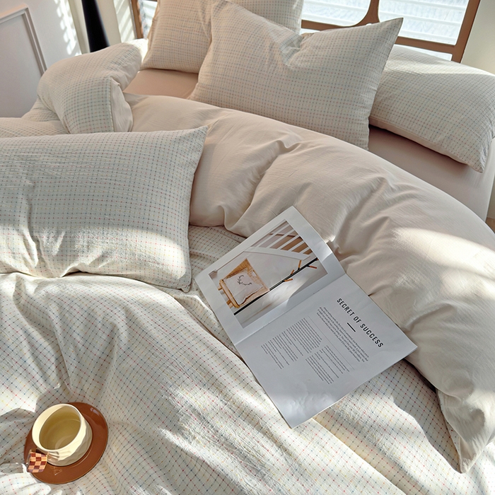 91家纺网 家纺一手货源 找家纺 全美家居 2025新款全棉纯棉色织提花水洗四件套 彩虹波点