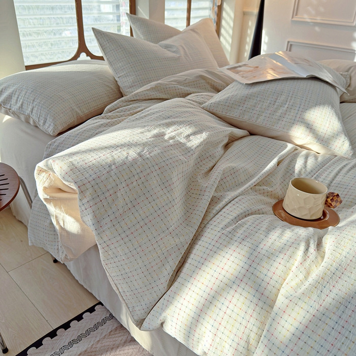 91家纺网 家纺一手货源 找家纺 全美家居 2025新款全棉纯棉色织提花水洗四件套 彩虹波点