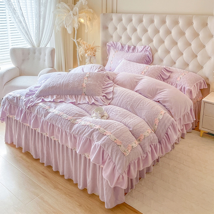 91家纺网 家纺一手货源 找家纺 （总）好儿喜家纺 2025新款雕花牛奶绒床盖四件套-海棠花