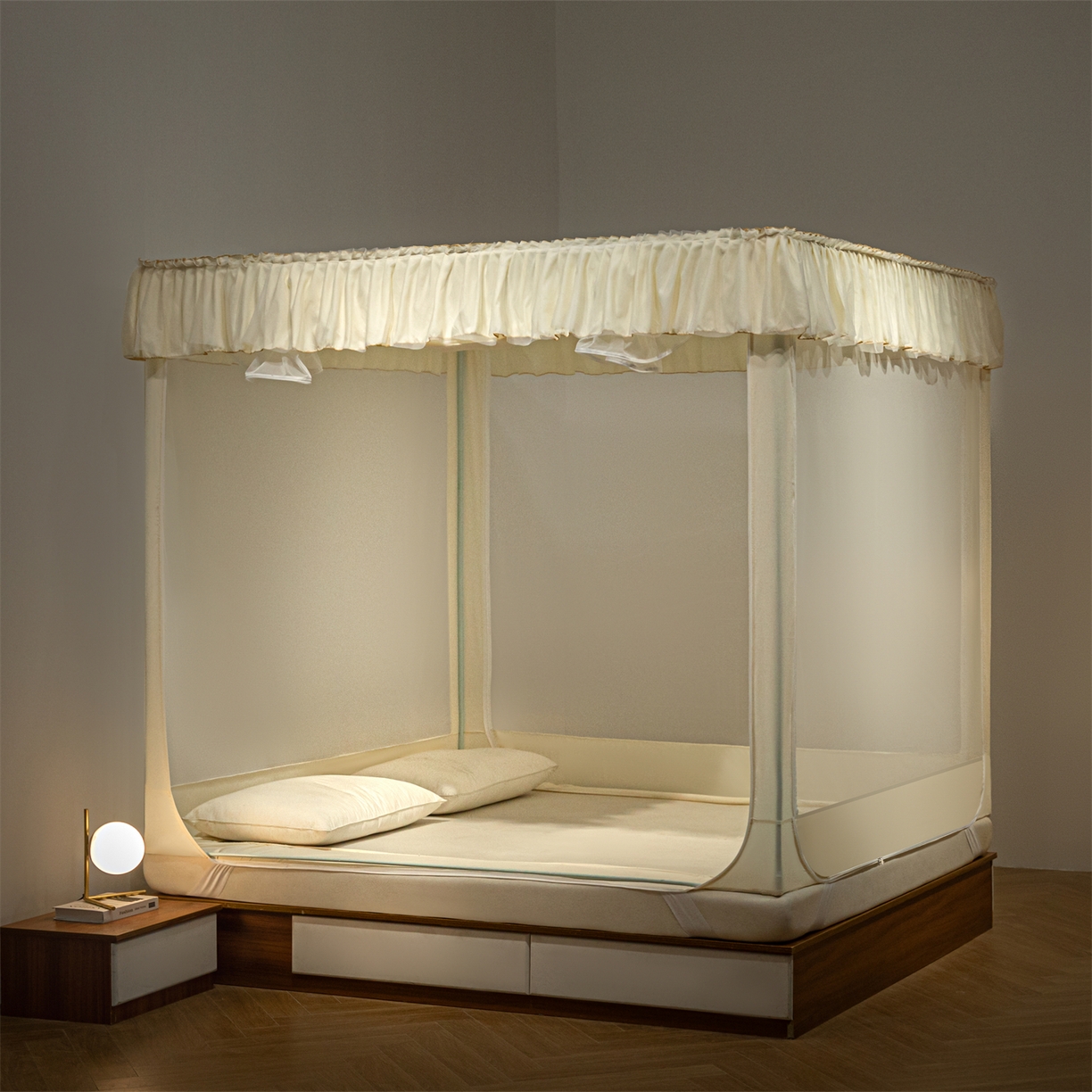 91家纺网 家纺一手货源 找家纺 飞轮海蚊帐 2025新款加厚夹棉遮光防风四季可用蚊帐冬季 保暖 床帘 奶油黄-无遮光帘