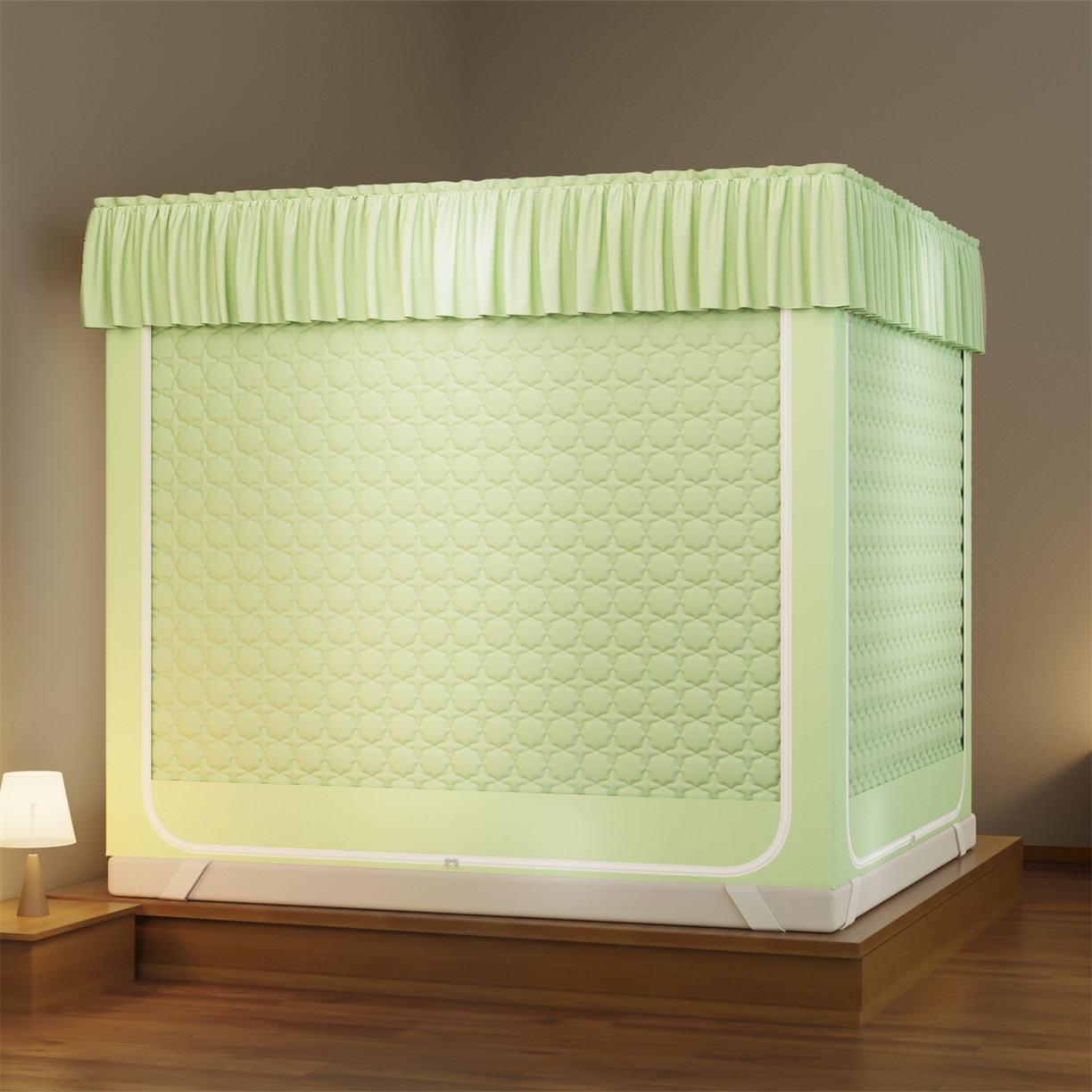 91家纺网 家纺一手货源 找家纺 飞轮海蚊帐 2025新款加厚夹棉遮光防风四季可用蚊帐 芥末绿-冬季保暖夹棉床帘四面夹棉