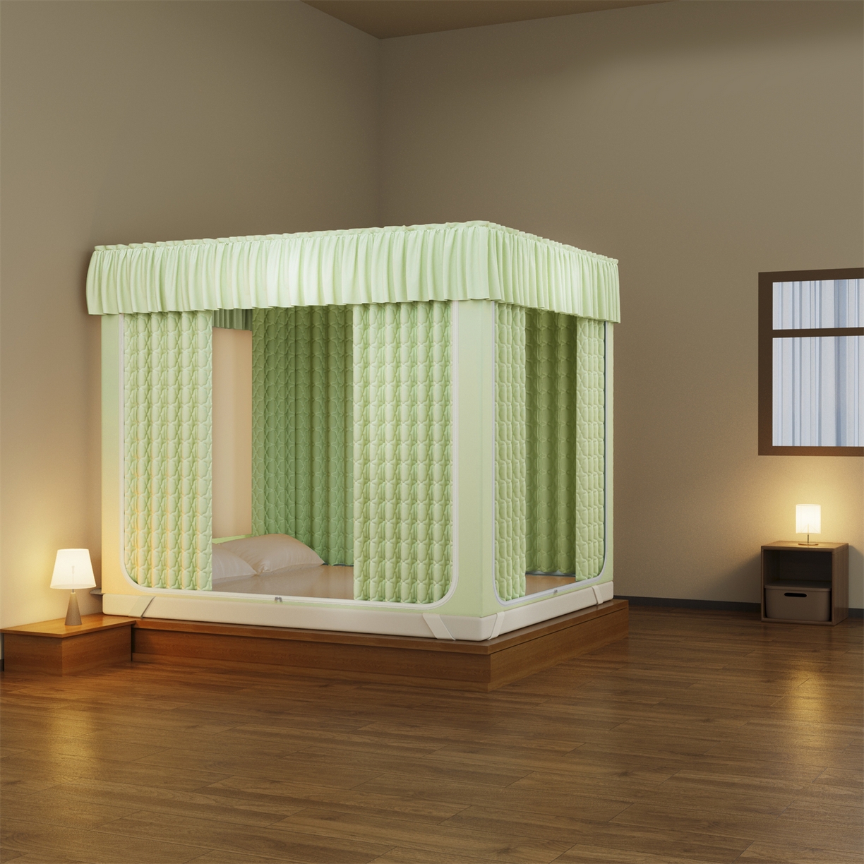 91家纺网 家纺一手货源 找家纺 飞轮海蚊帐 2025新款加厚夹棉遮光防风四季可用蚊帐 芥末绿-冬季保暖夹棉床帘四面夹棉