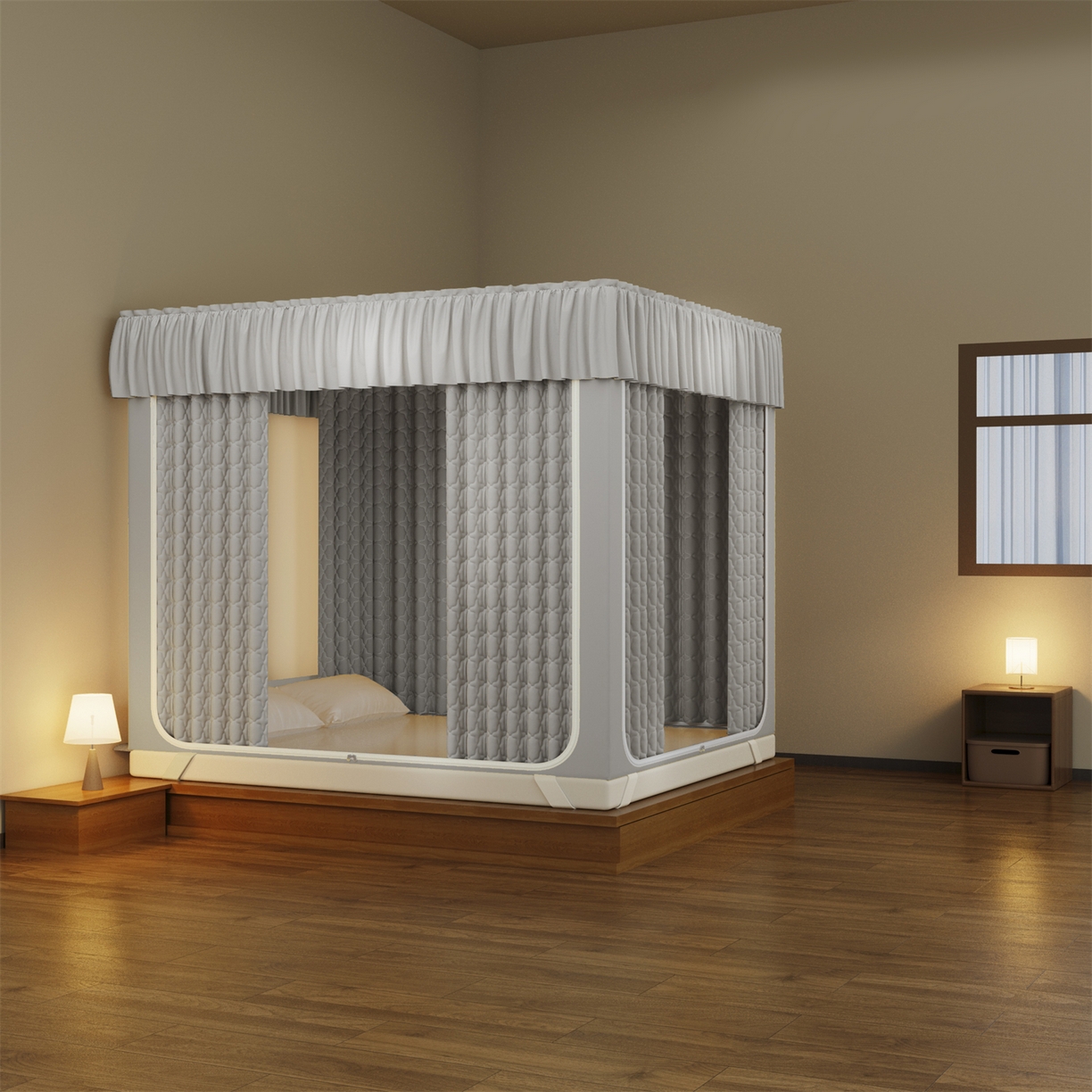 91家纺网 家纺一手货源 找家纺 飞轮海蚊帐 2025新款加厚夹棉遮光防风四季可用蚊帐冬季 保暖 床帘 高级灰-冬季保暖夹棉床帘四面夹棉