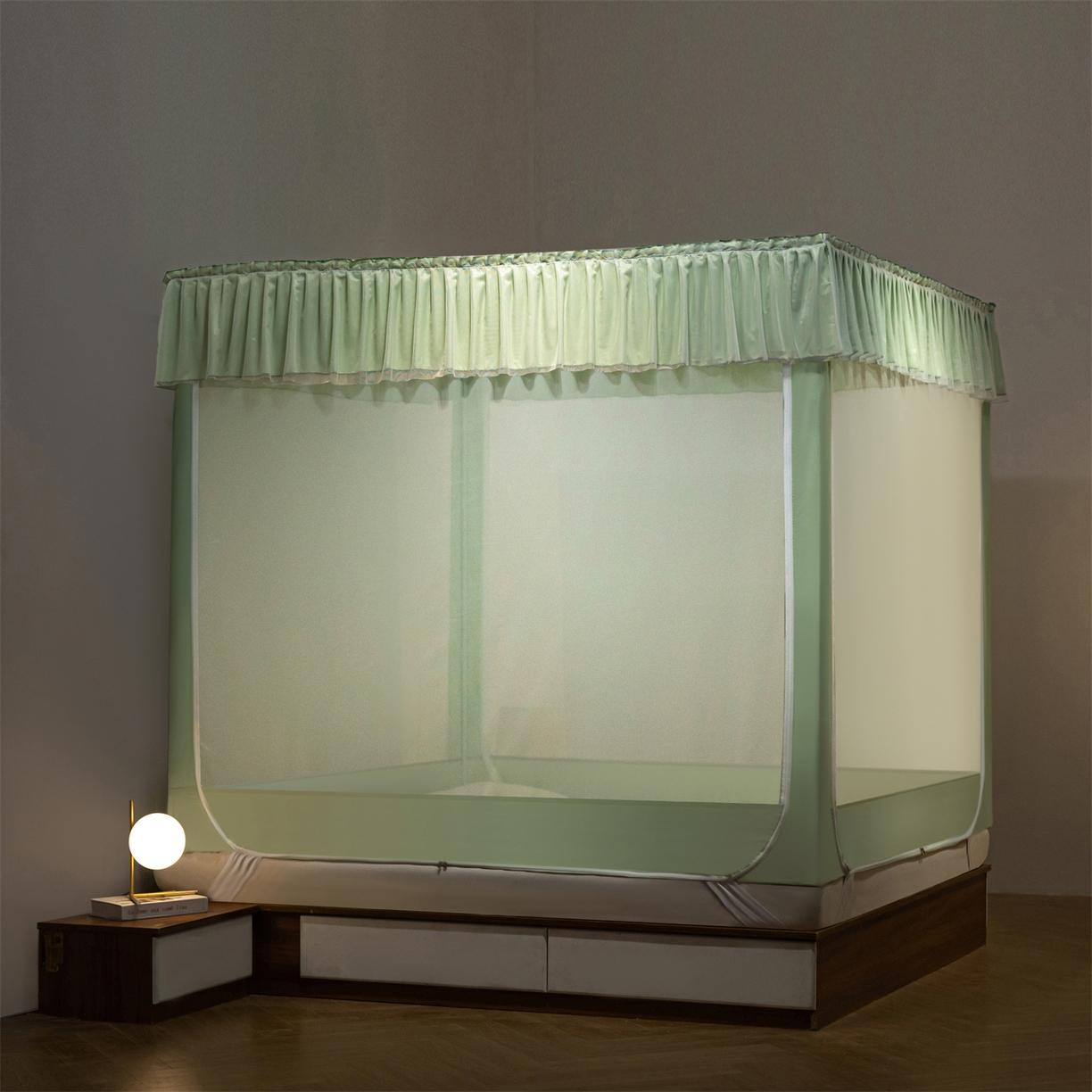 飞轮海蚊帐 2025新款加厚夹棉遮光防风四季可用蚊帐冬季 保暖 床帘 芥末绿-无遮光帘