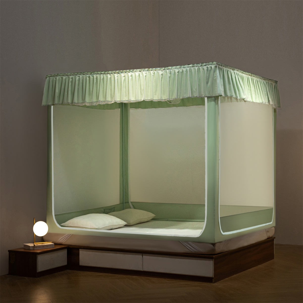 91家纺网 家纺一手货源 找家纺 飞轮海蚊帐 2025新款加厚夹棉遮光防风四季可用蚊帐冬季 保暖 床帘 芥末绿-无遮光帘