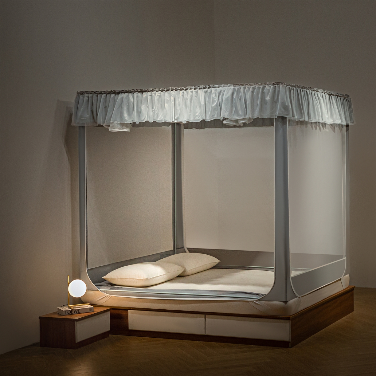 91家纺网 家纺一手货源 找家纺 飞轮海蚊帐 2025新款加厚夹棉遮光防风四季可用蚊帐冬季 保暖 床帘 高级灰-无遮光帘