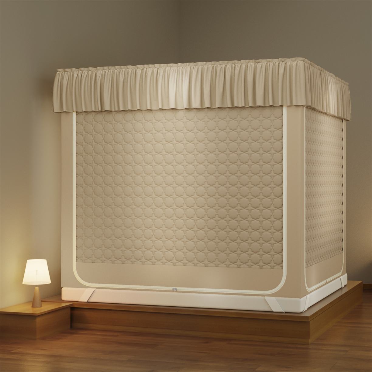 91家纺网 家纺一手货源 找家纺 飞轮海蚊帐 2025新款加厚夹棉遮光防风四季可用蚊帐冬季 保暖 床帘 香槟-冬季保暖夹棉床帘四面夹棉