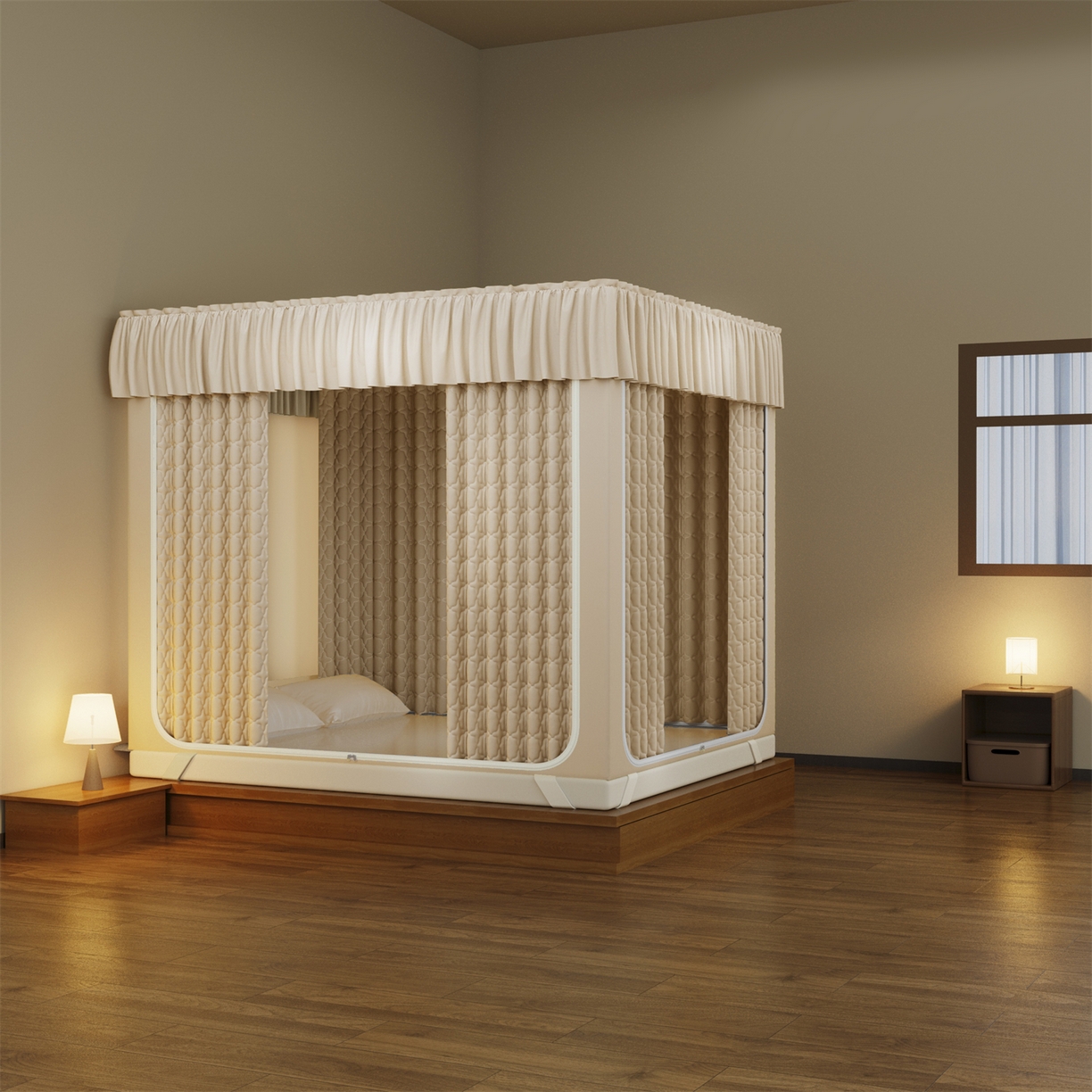 91家纺网 家纺一手货源 找家纺 飞轮海蚊帐 2025新款加厚夹棉遮光防风四季可用蚊帐冬季 保暖 床帘 香槟-冬季保暖夹棉床帘四面夹棉