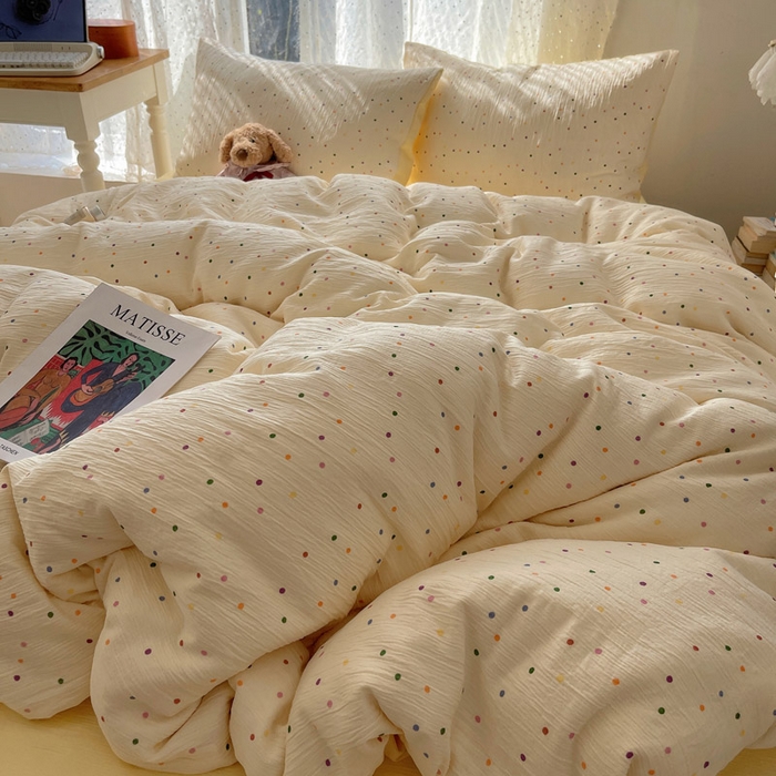 91家纺网 家纺一手货源 找家纺 贝扬思家纺 2025新款亲肤舒适甄选三层纱印花套件系列四件套 彩波波