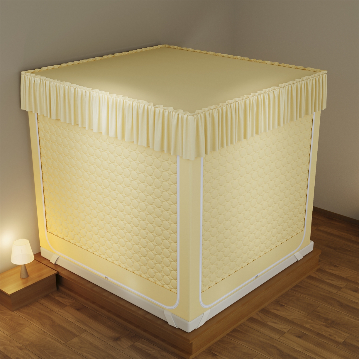 91家纺网 家纺一手货源 找家纺 飞轮海蚊帐 2025新款加厚夹棉遮光防风四季可用蚊帐 奶油黄-冬季保暖夹棉床帘四面夹棉