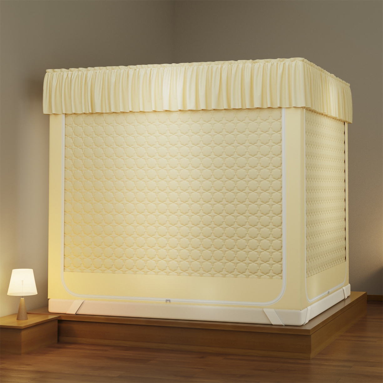 91家纺网 家纺一手货源 找家纺 飞轮海蚊帐 2025新款加厚夹棉遮光防风四季可用蚊帐 奶油黄-冬季保暖夹棉床帘四面夹棉