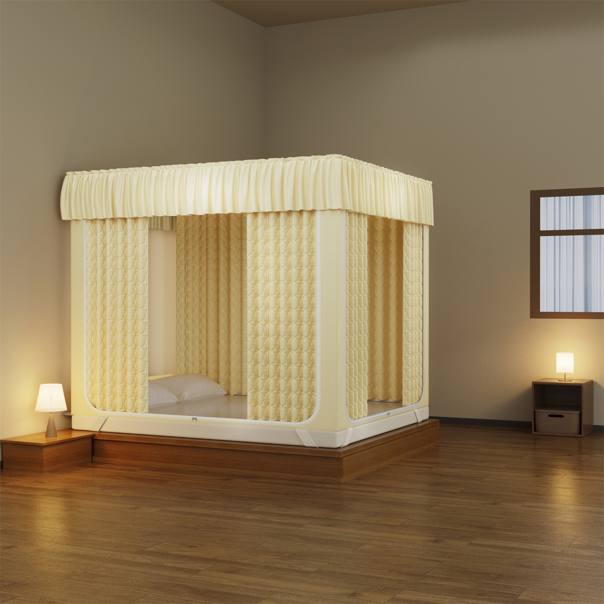 91家纺网 家纺一手货源 找家纺 飞轮海蚊帐 2025新款加厚夹棉遮光防风四季可用蚊帐 奶油黄-冬季保暖夹棉床帘四面夹棉