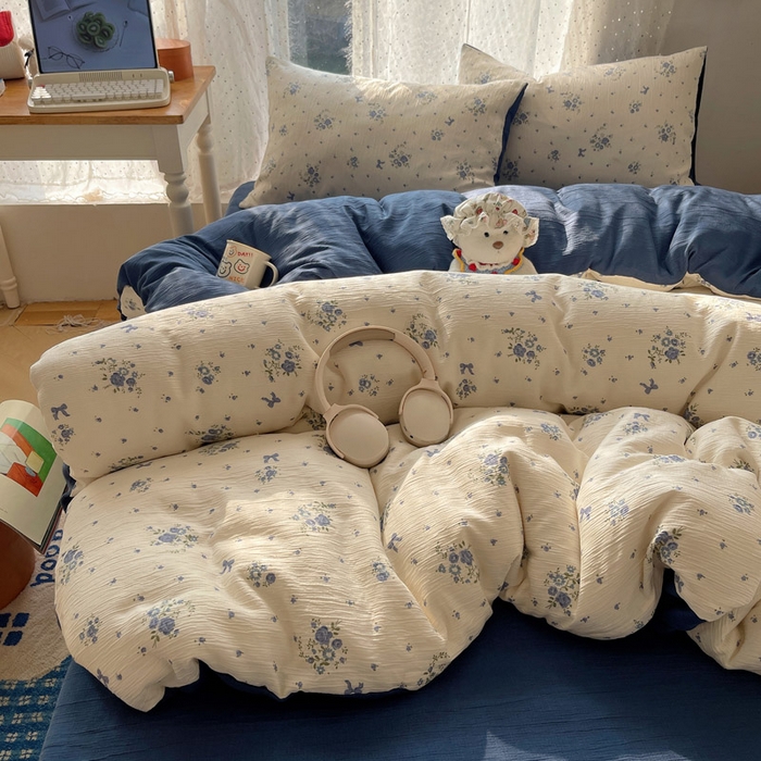 贝扬思家纺 2025新款亲肤舒适甄选三层纱印花套件系列四件套 贩卖夏风-蓝