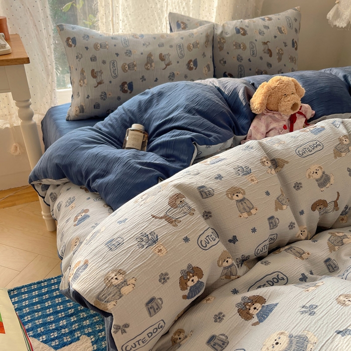 91家纺网 家纺一手货源 找家纺 贝扬思家纺 2025新款亲肤舒适甄选三层纱印花套件系列四件套 复古修狗