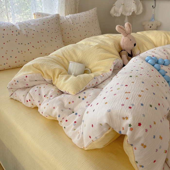 91家纺网 家纺一手货源 找家纺 贝扬思家纺 2025新款亲肤舒适甄选三层纱印花套件系列四件套 幸运星