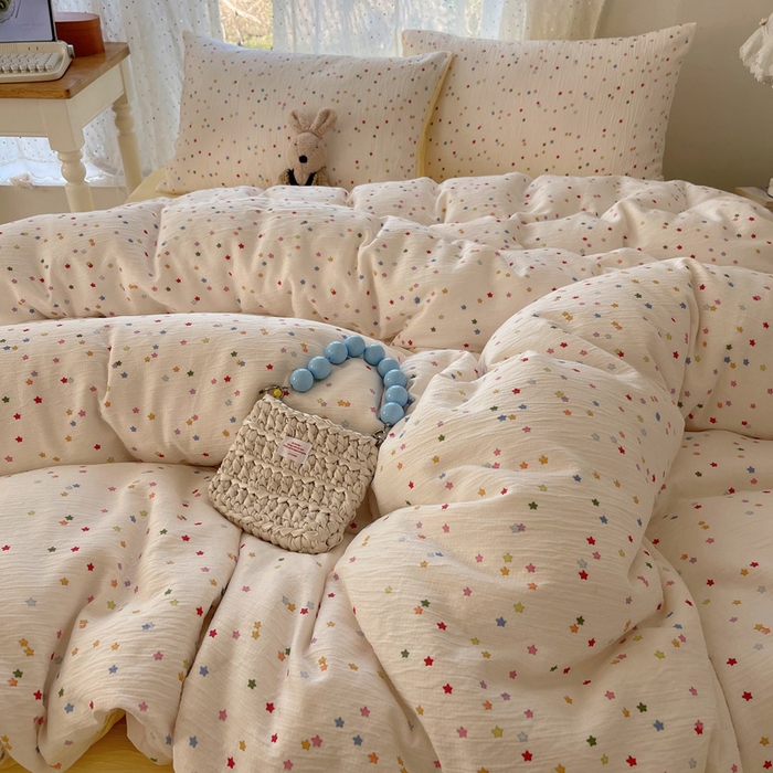 91家纺网 家纺一手货源 找家纺 贝扬思家纺 2025新款亲肤舒适甄选三层纱印花套件系列四件套 幸运星