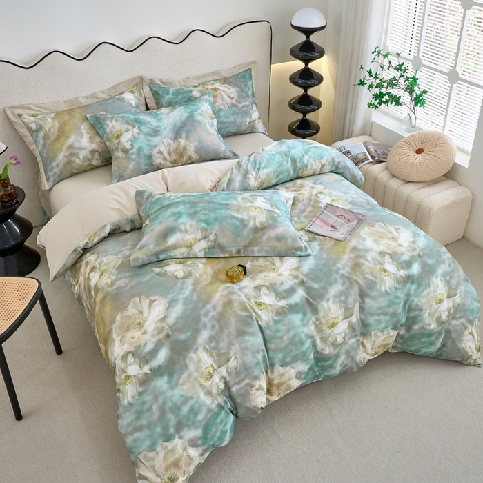 91家纺网 家纺一手货源 找家纺 三沁家居 2025新款全棉碳素磨毛数码印花四件套 弗罗拉