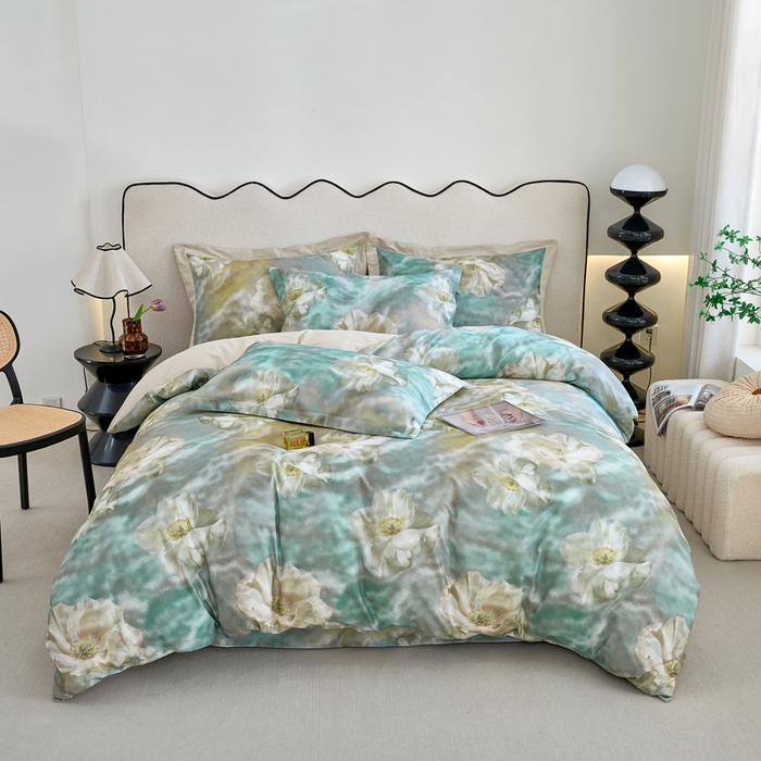 91家纺网 家纺一手货源 找家纺 三沁家居 2025新款全棉碳素磨毛数码印花四件套 弗罗拉