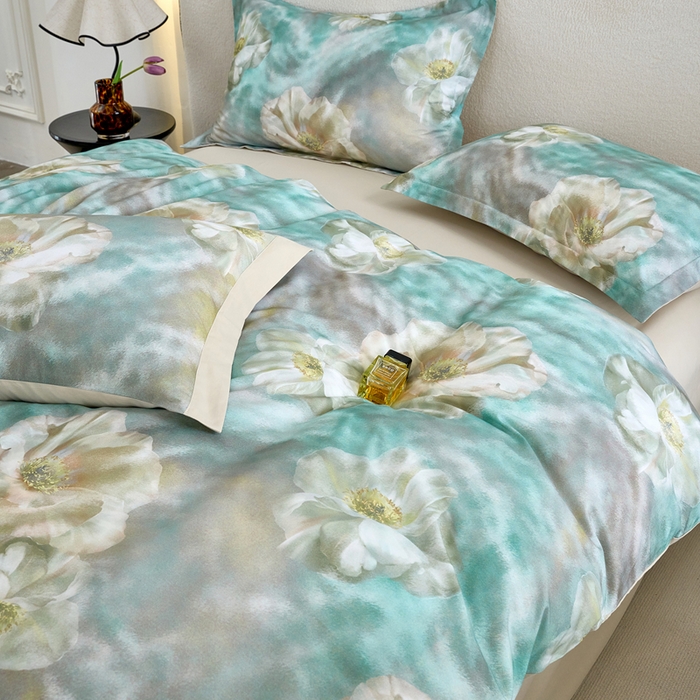 91家纺网 家纺一手货源 找家纺 三沁家居 2025新款全棉碳素磨毛数码印花四件套 弗罗拉