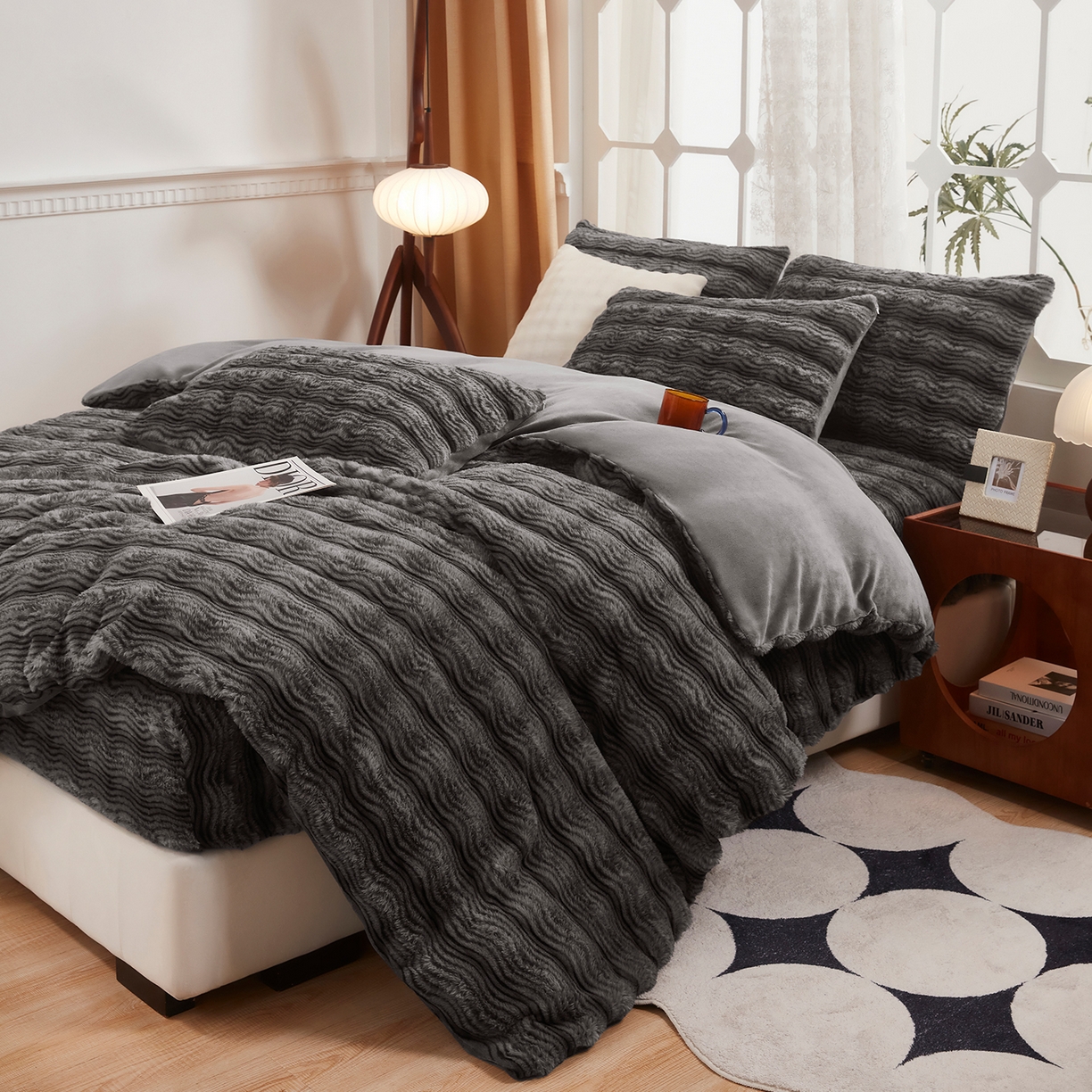 91家纺网 家纺一手货源 找家纺 乐居家纺 2025新款加厚兔毛绒纯色四件套套件系列 波纹-云雾深灰