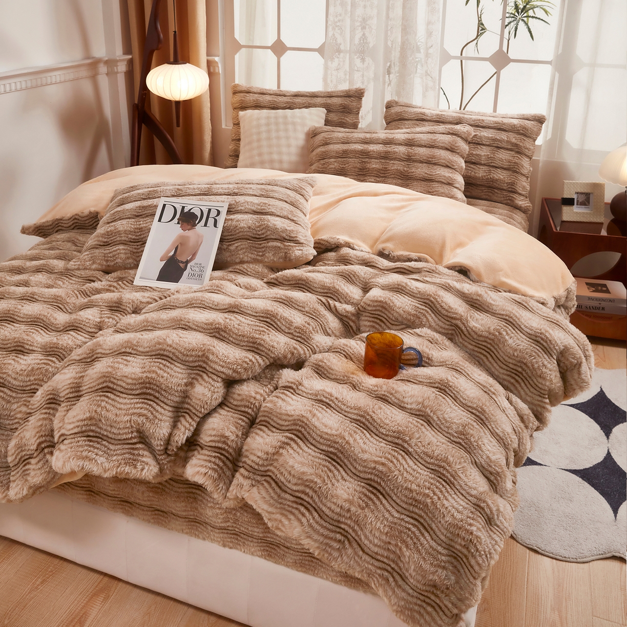 乐居家纺 2025新款加厚兔毛绒纯色四件套套件系列 波纹-云雾咖
