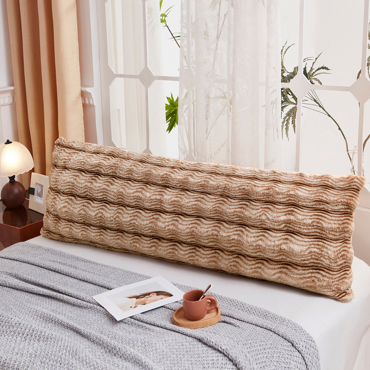 乐居家纺 2025新款加厚兔毛绒纯色双人枕系列 波纹-云雾咖