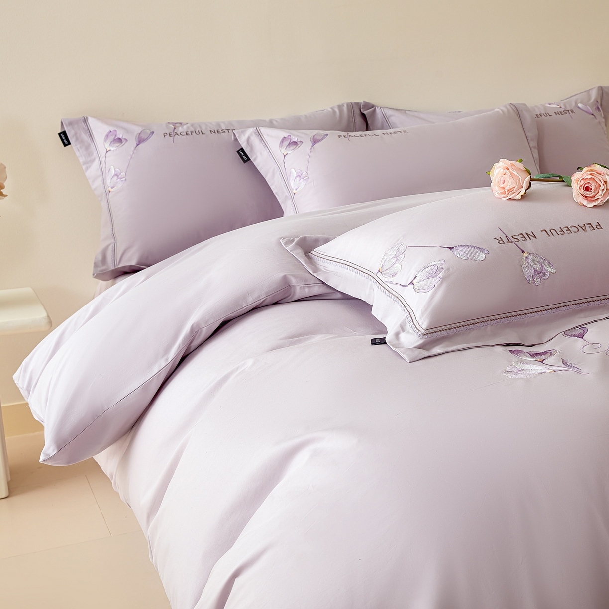 91家纺网 家纺一手货源 找家纺 洺兰家居 2025新疆长绒棉高支高密刺绣款绣花四件套-郁金香 郁金香-紫