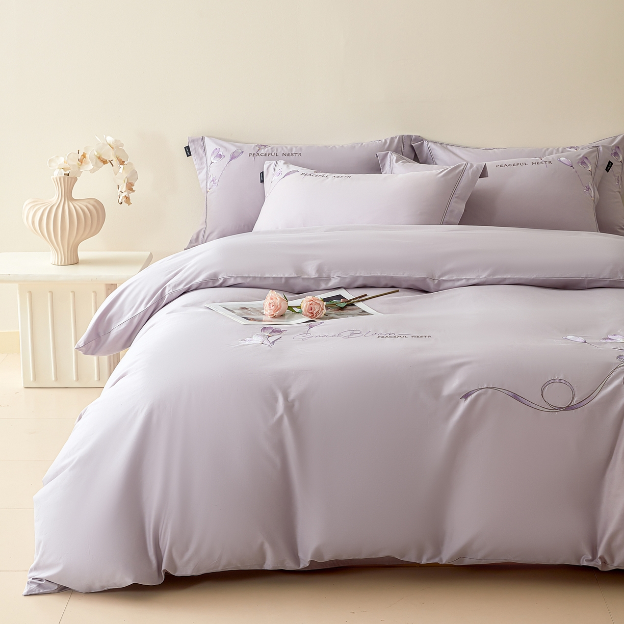 91家纺网 家纺一手货源 找家纺 洺兰家居 2025新疆长绒棉高支高密刺绣款绣花四件套-郁金香 郁金香-紫