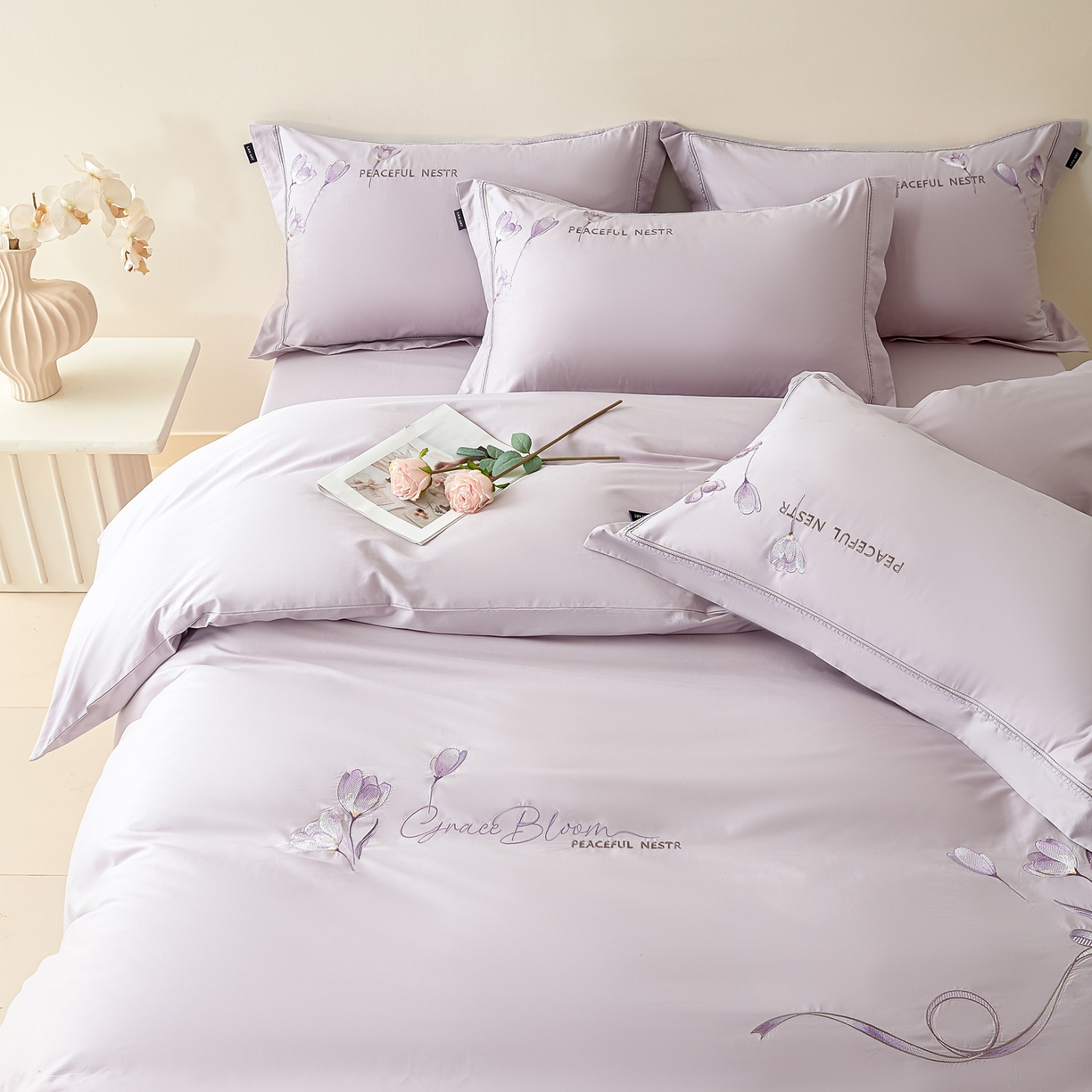 91家纺网 家纺一手货源 找家纺 洺兰家居 2025新疆长绒棉高支高密刺绣款绣花四件套-郁金香 郁金香-紫