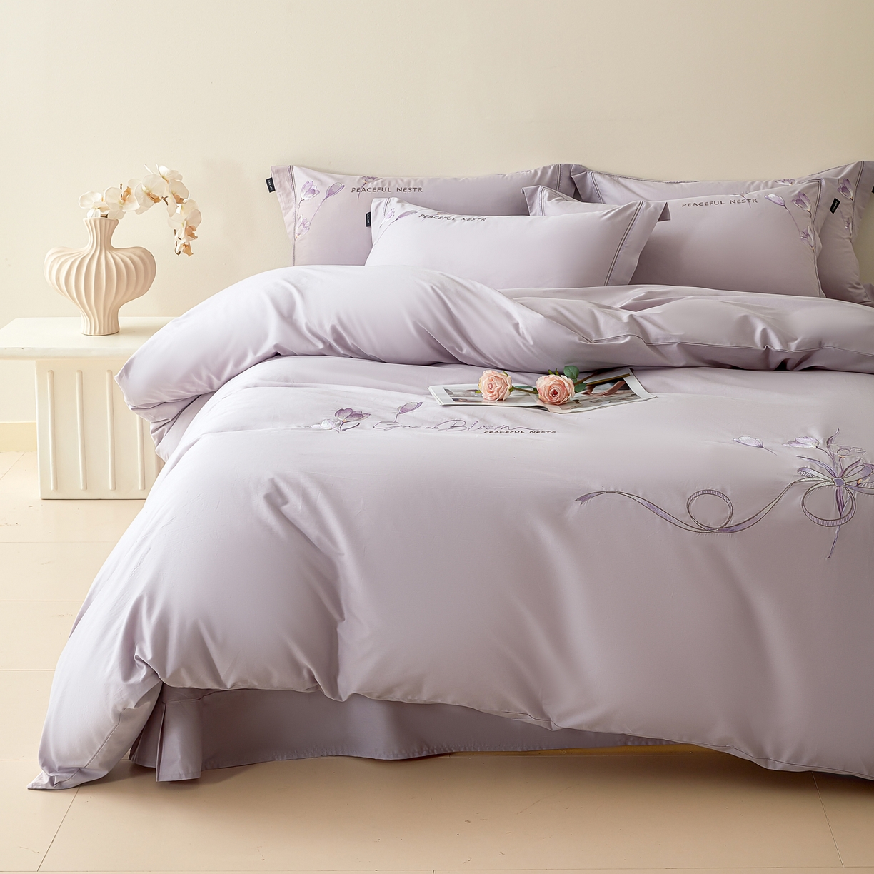 91家纺网 家纺一手货源 找家纺 洺兰家居 2025新疆长绒棉高支高密刺绣款绣花四件套-郁金香 郁金香-紫