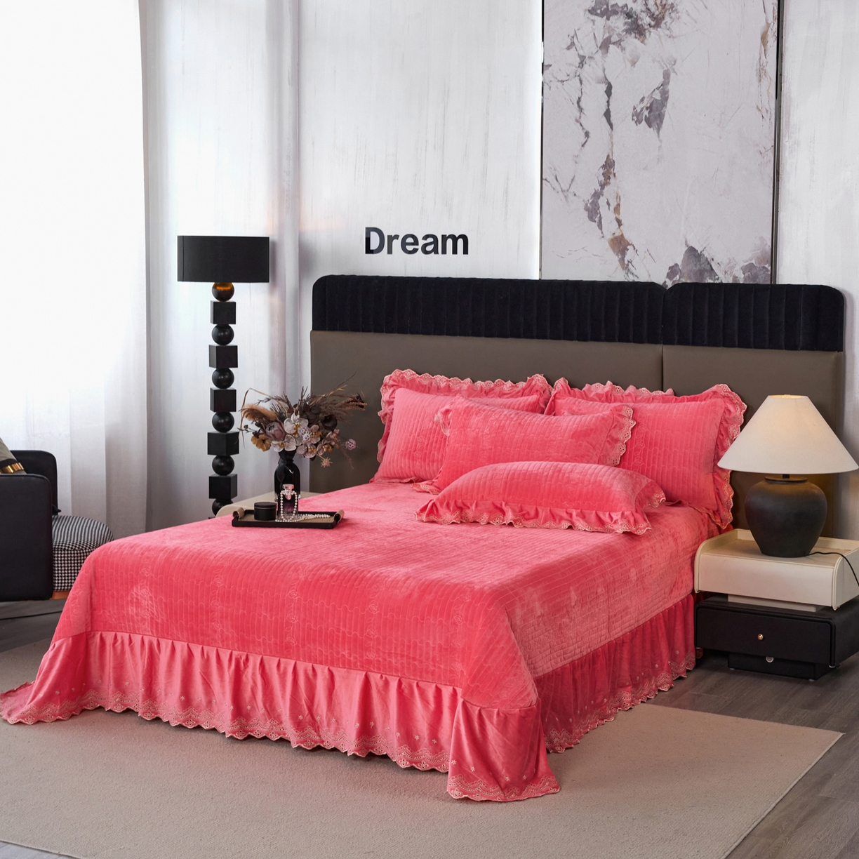 91家纺网 家纺一手货源 找家纺 默忆 2025新款婴儿绒宝宝绒玫瑰版床盖款四件套-慕达 慕达-深粉