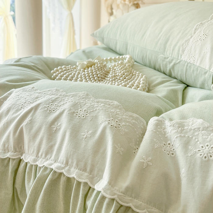 91家纺网 家纺一手货源 找家纺 网红馆（ck家纺） 2025新款全棉磨毛蕾丝边花边四件套--梵妮系列 梵妮-牛油果绿