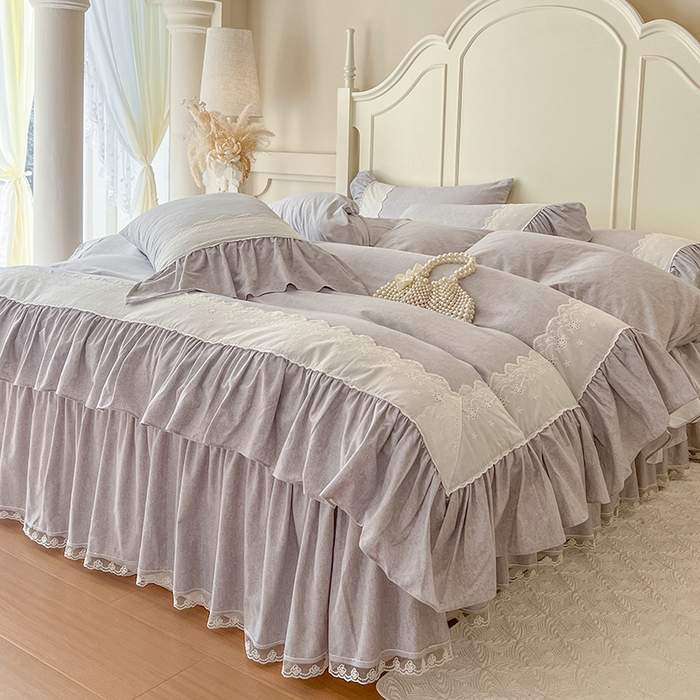 91家纺网 家纺一手货源 找家纺 网红馆（ck家纺） 2025新款全棉磨毛蕾丝边花边四件套--梵妮系列 梵妮-灰