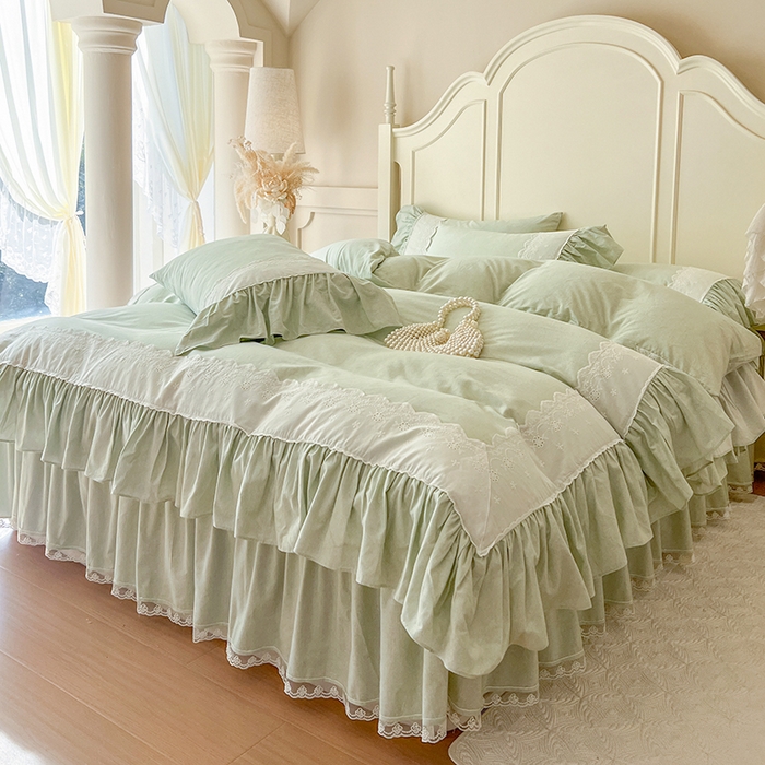 91家纺网 家纺一手货源 找家纺 网红馆（ck家纺） 2025新款全棉磨毛蕾丝边花边四件套--梵妮系列 梵妮-牛油果绿