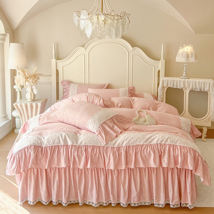 91家纺网 家纺一手货源 找家纺 网红馆（ck家纺） 2025新款全棉磨毛蕾丝边花边四件套--梵妮系列 梵妮-胭脂玉