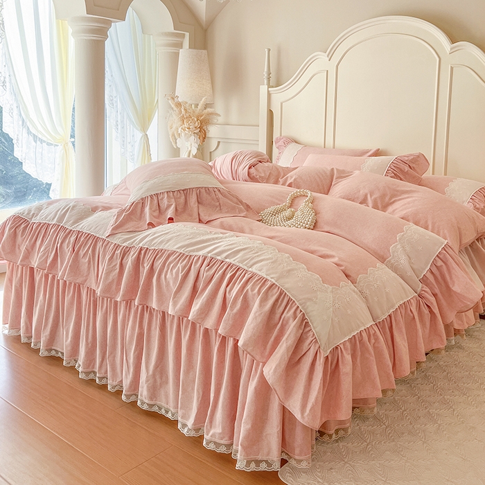 91家纺网 家纺一手货源 找家纺 网红馆（ck家纺） 2025新款全棉磨毛蕾丝边花边四件套--梵妮系列 梵妮-胭脂玉