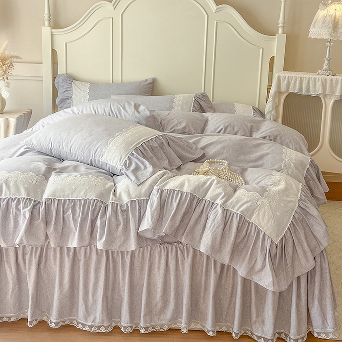 91家纺网 家纺一手货源 找家纺 网红馆（ck家纺） 2025新款全棉磨毛蕾丝边花边四件套--梵妮系列 梵妮-灰