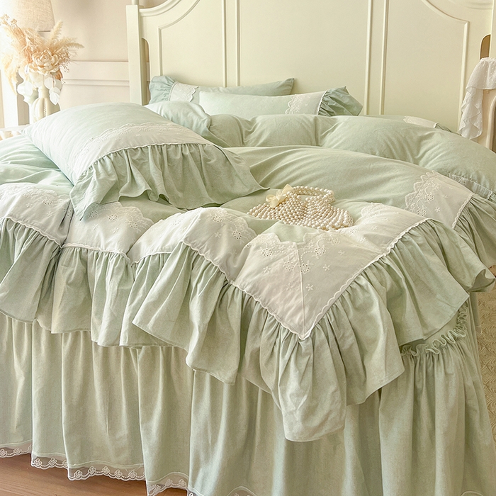 91家纺网 家纺一手货源 找家纺 网红馆（ck家纺） 2025新款全棉磨毛蕾丝边花边四件套--梵妮系列 梵妮-牛油果绿