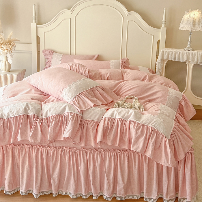 91家纺网 家纺一手货源 找家纺 网红馆（ck家纺） 2025新款全棉磨毛蕾丝边花边四件套--梵妮系列 梵妮-胭脂玉