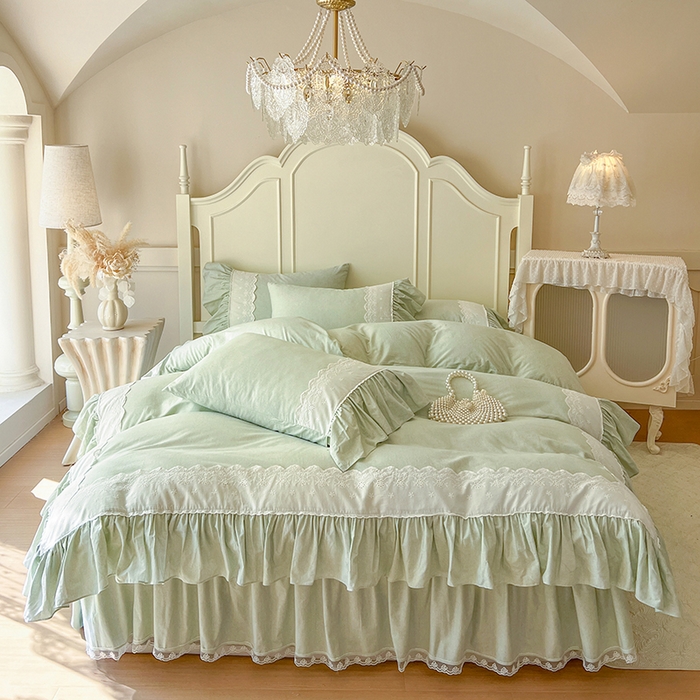 91家纺网 家纺一手货源 找家纺 网红馆（ck家纺） 2025新款全棉磨毛蕾丝边花边四件套--梵妮系列 梵妮-牛油果绿