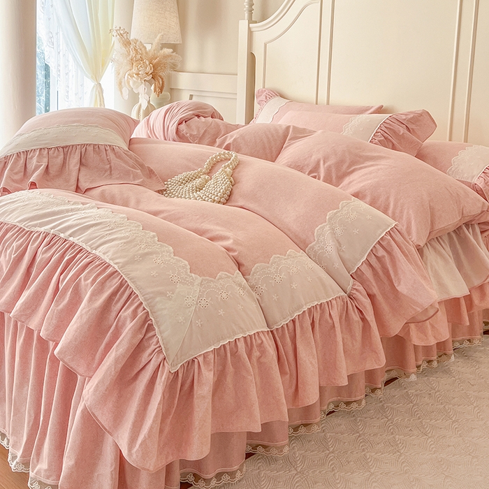 91家纺网 家纺一手货源 找家纺 网红馆（ck家纺） 2025新款全棉磨毛蕾丝边花边四件套--梵妮系列 梵妮-胭脂玉