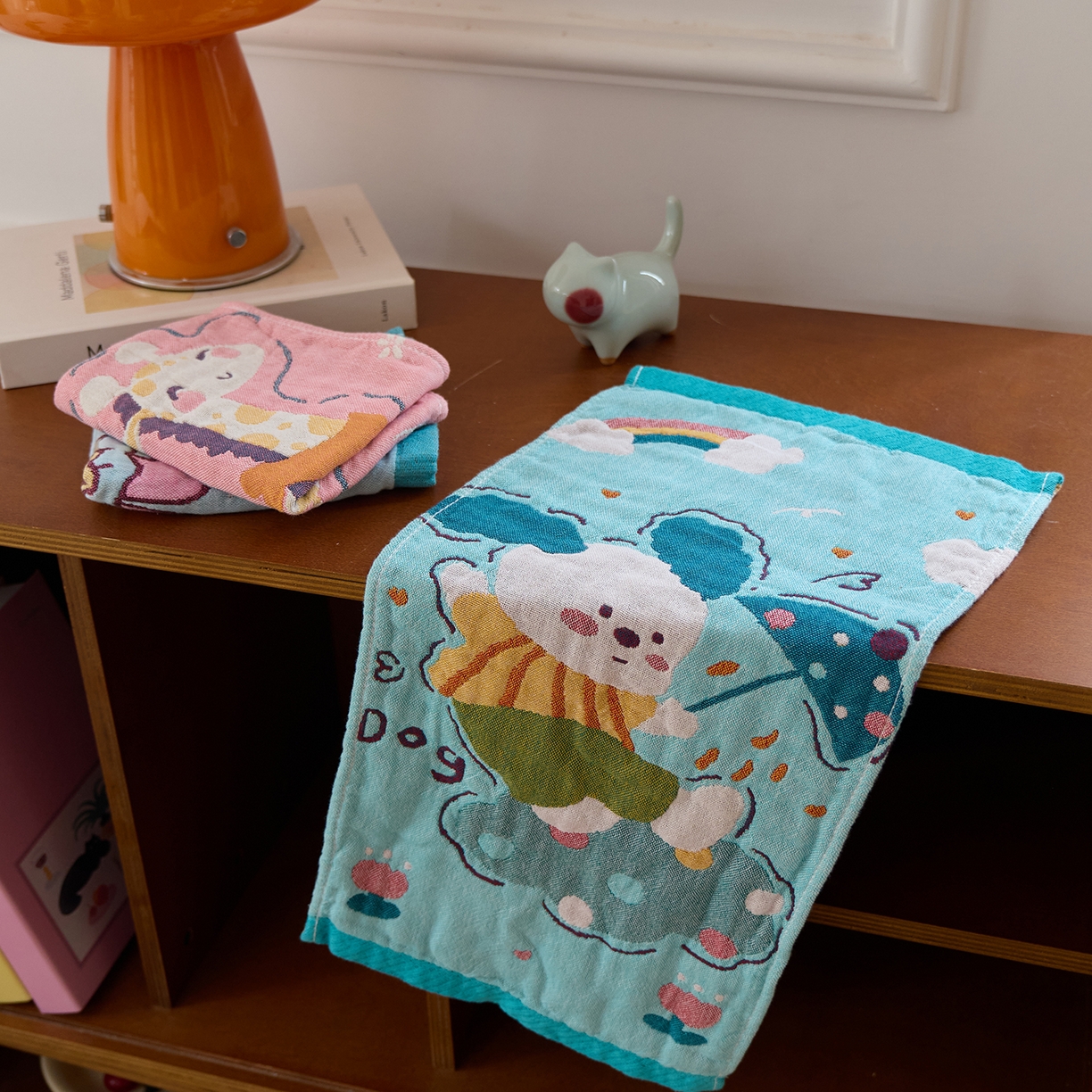 91家纺网 家纺一手货源 找家纺 沐瑟家纺 2025新款全棉纱布儿童卡通小毛巾 彩虹狗 25*50cm/条