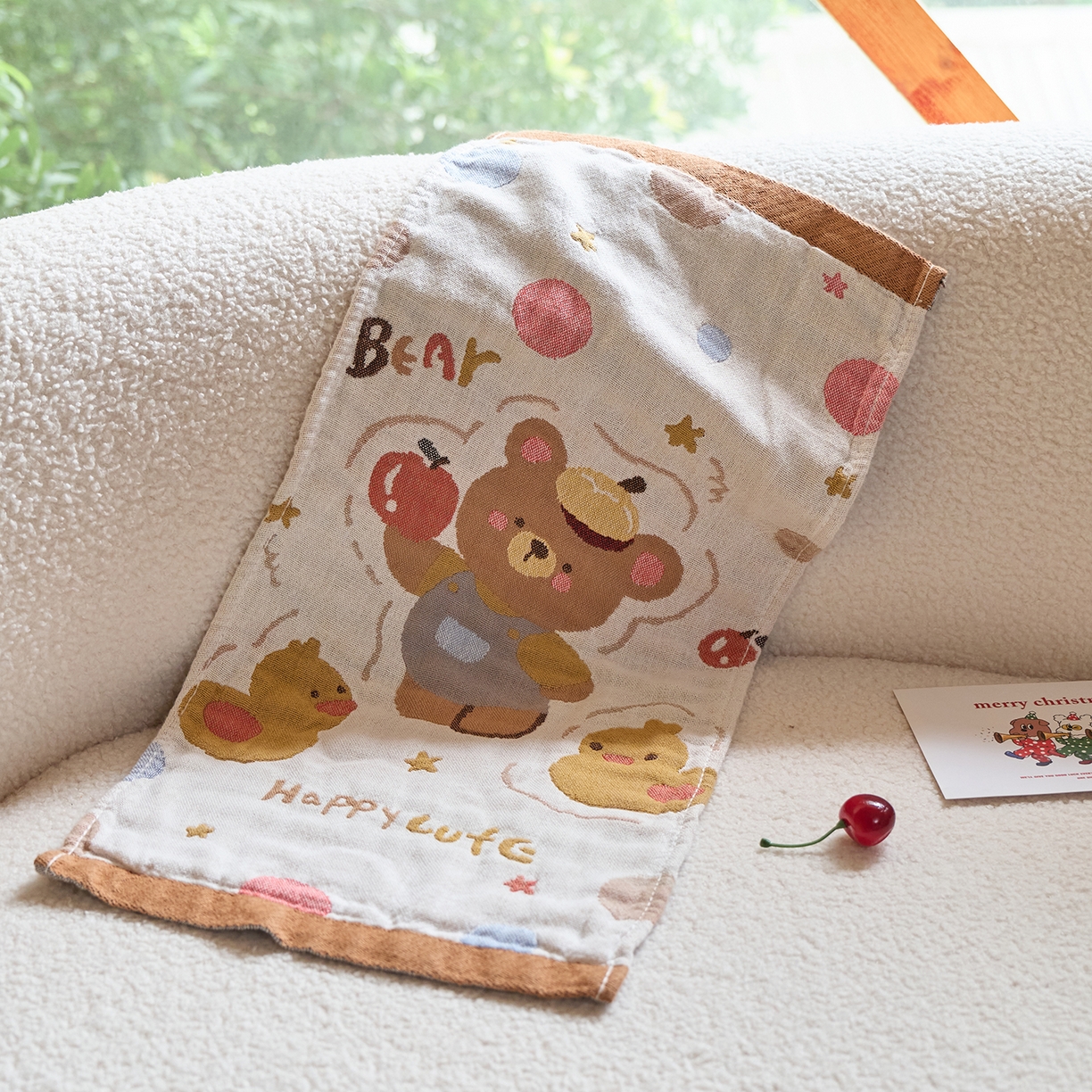 91家纺网 家纺一手货源 找家纺 沐瑟家纺 2025新款全棉纱布儿童卡通小毛巾 平果熊 组合