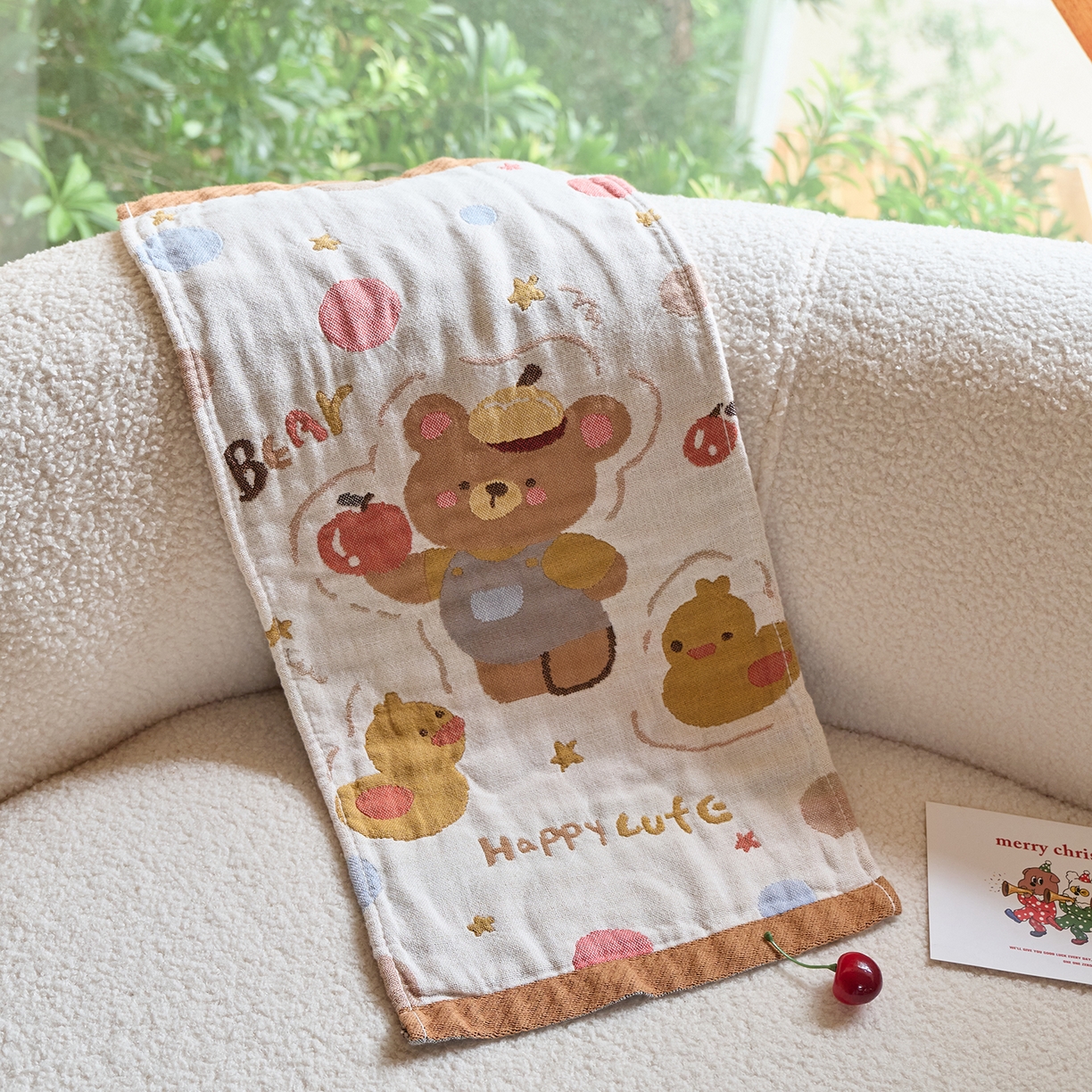 91家纺网 家纺一手货源 找家纺 沐瑟家纺 2025新款全棉纱布儿童卡通小毛巾 平果熊 组合