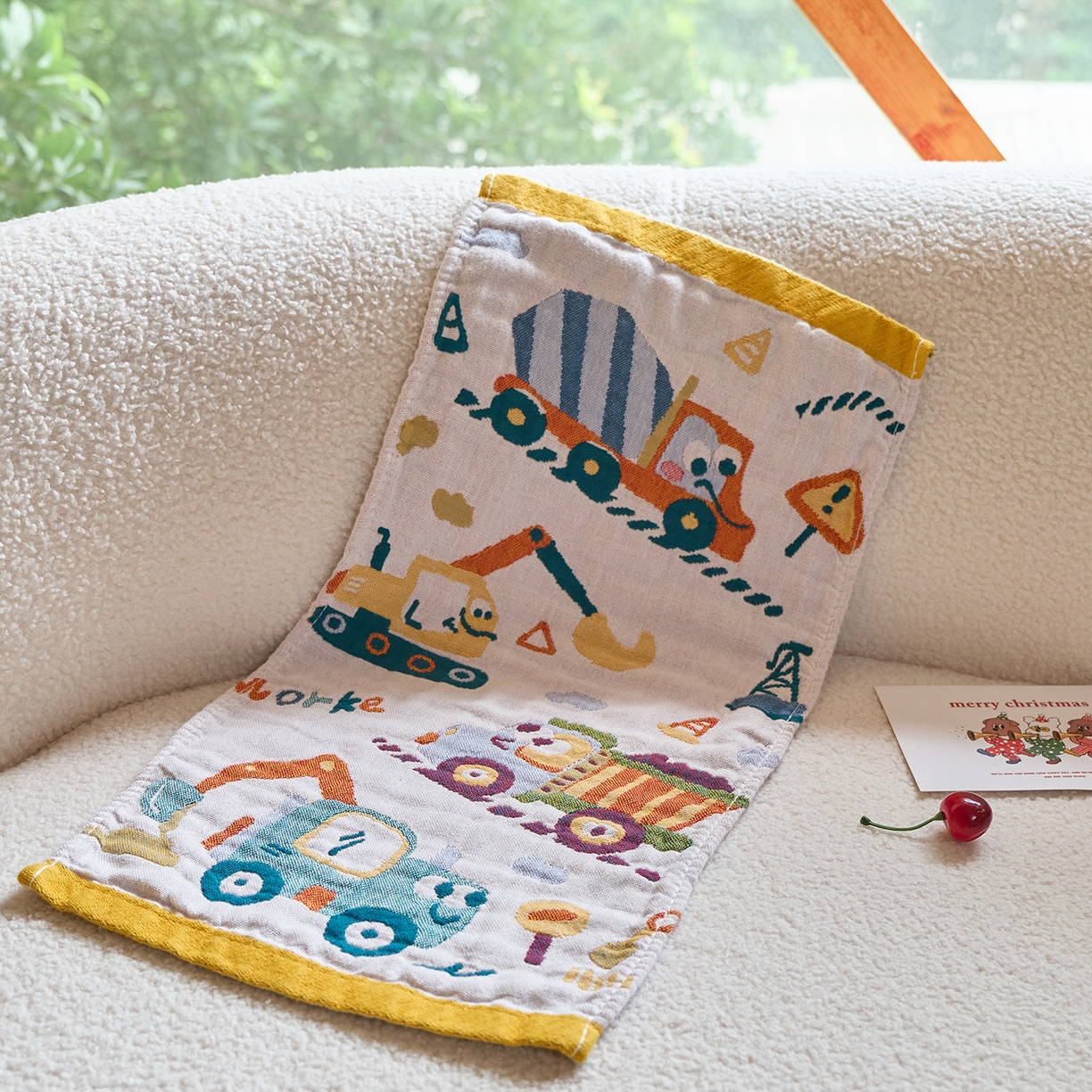 91家纺网 家纺一手货源 找家纺 沐瑟家纺 2025新款全棉纱布儿童卡通小毛巾 工程车 25*50cm/条