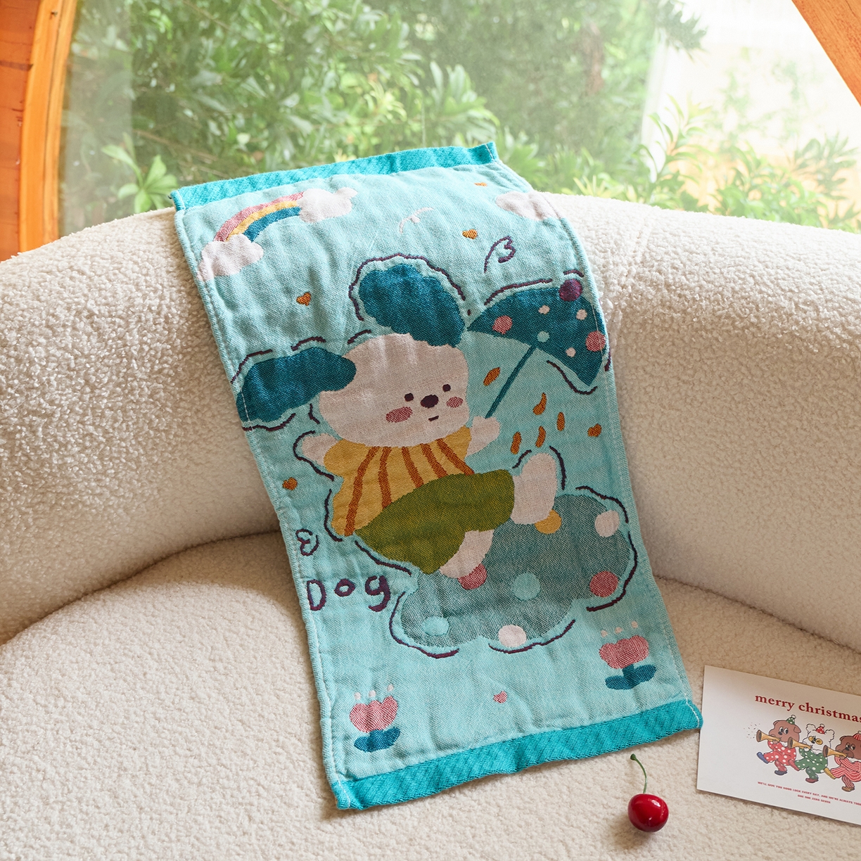 91家纺网 家纺一手货源 找家纺 沐瑟家纺 2025新款全棉纱布儿童卡通小毛巾 彩虹狗 25*50cm/条