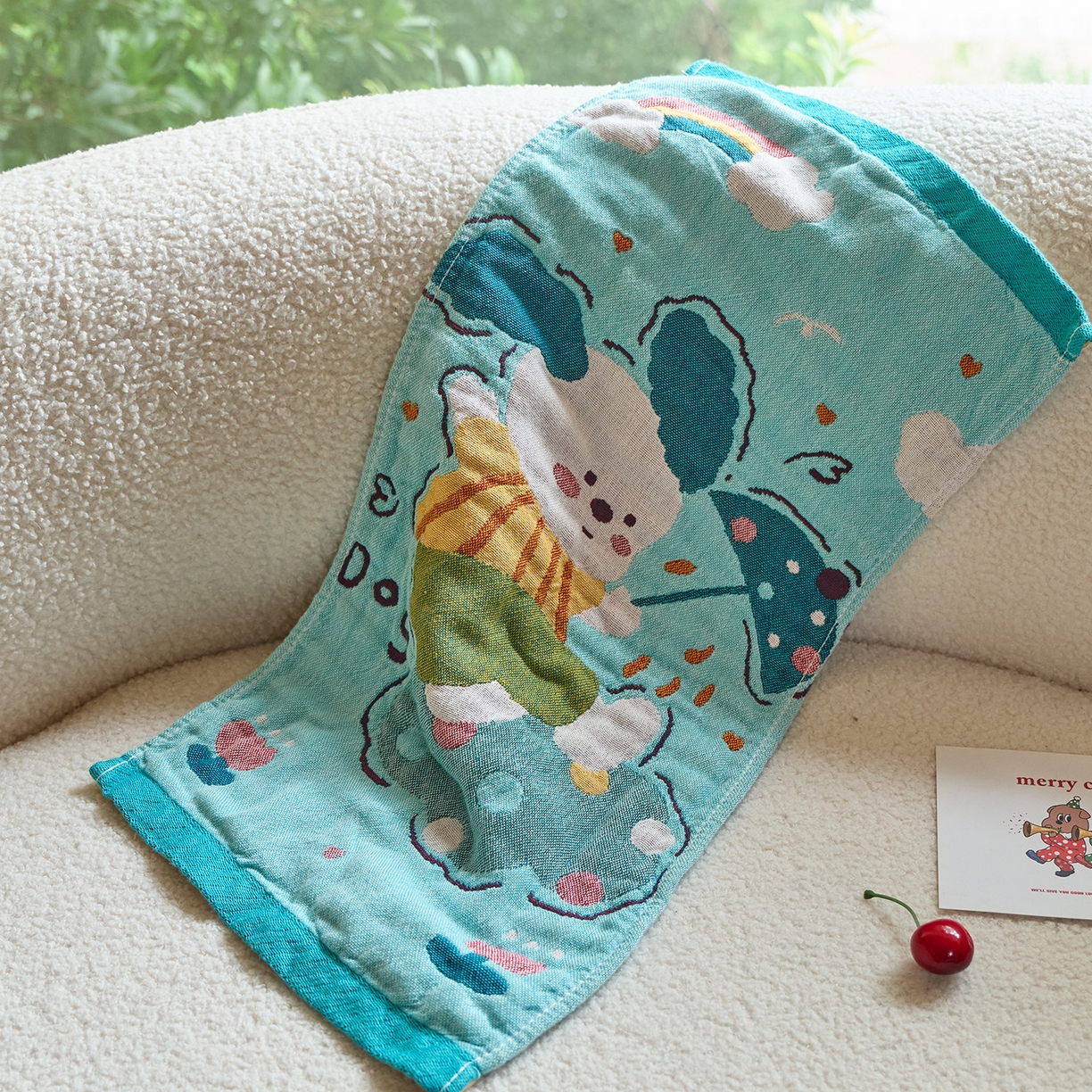 91家纺网 家纺一手货源 找家纺 沐瑟家纺 2025新款全棉纱布儿童卡通小毛巾 彩虹狗 组合